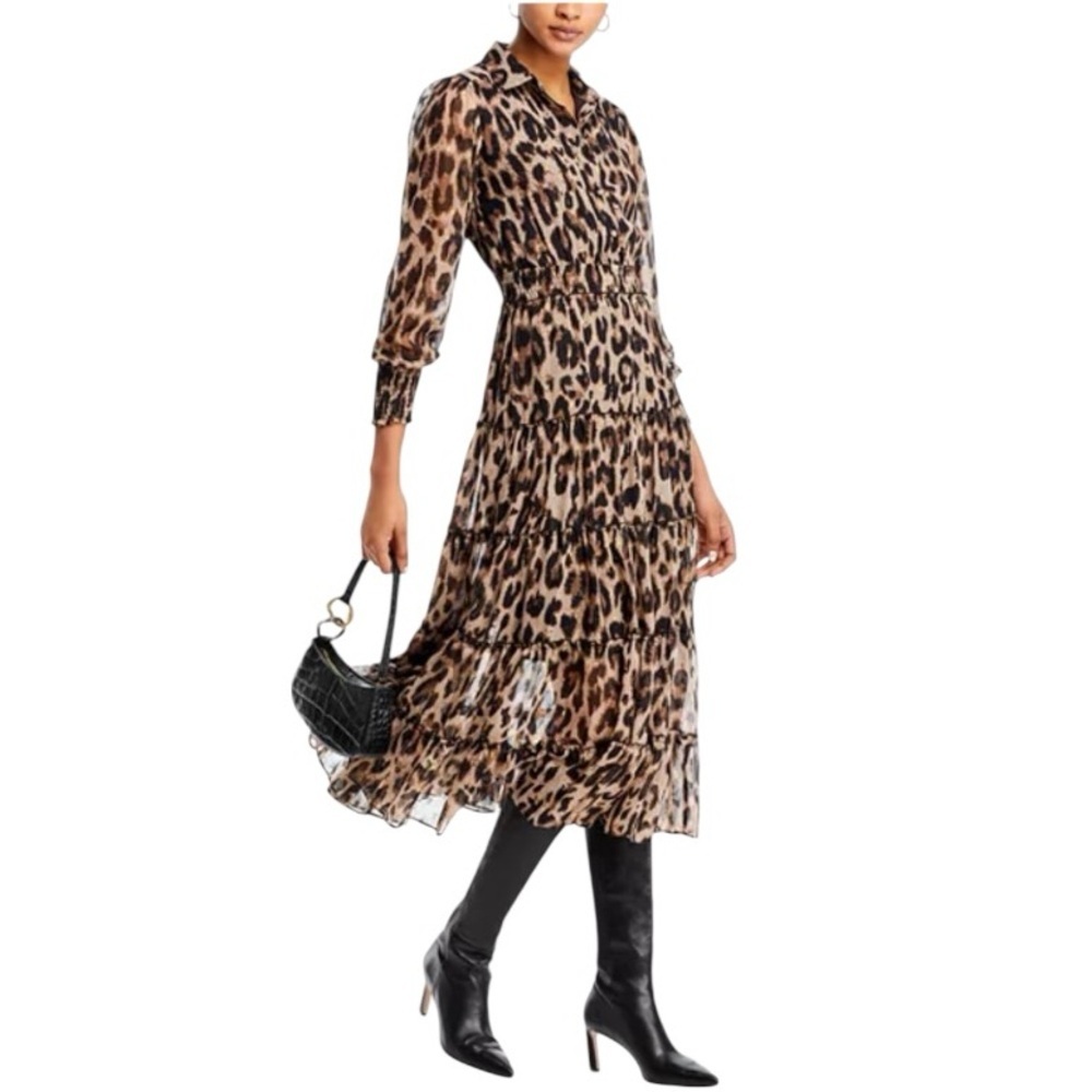 NWT’S T Tahari Collared Tiered Midi Sheer LEPARD Dress